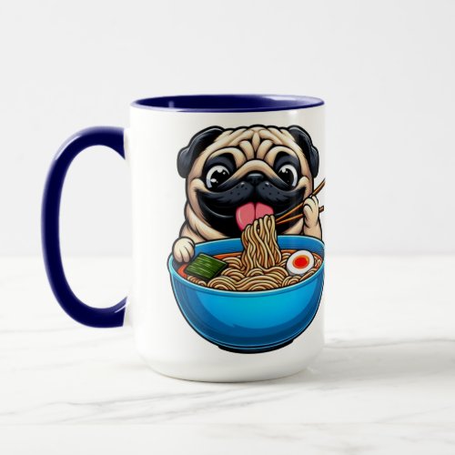 Pug eating ramen mug