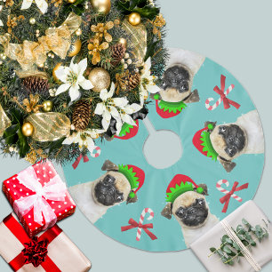 Pug Elves Candy Canes Aqua Blue Brushed Polyester Tree Skirt