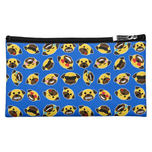 Pug Emoji Emoticon Electric Blue Makeup Bag (Front)
