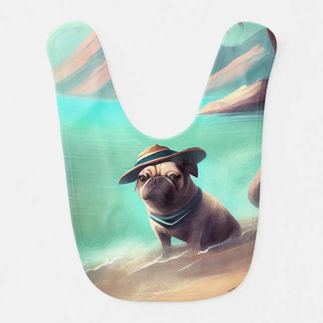 Pug enjoying on beach painting art baby bib (Front)