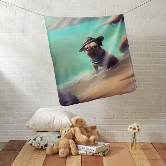 Pug enjoying on beach painting art baby blanket (In Situ)