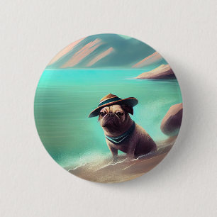 Pug enjoying on beach painting art button