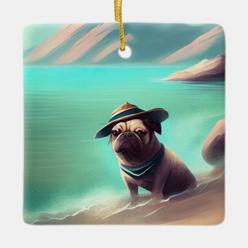 Pug enjoying on beach painting art ceramic ornament