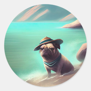 Pug enjoying on beach painting art classic round sticker