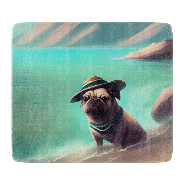 Pug enjoying on beach painting art cutting board (Front)