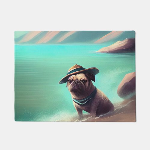 Pug enjoying on beach painting art doormat