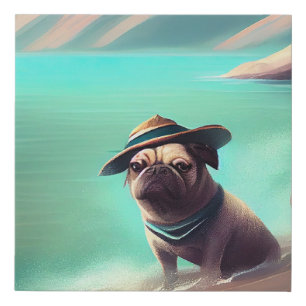 Pug enjoying on beach painting art faux canvas print