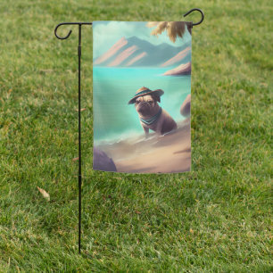 Pug enjoying on beach painting art garden flag