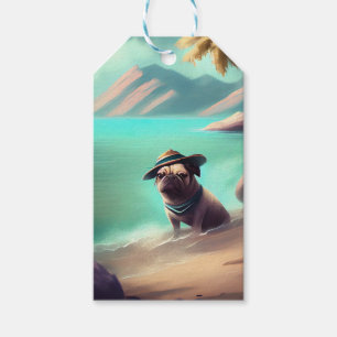 Pug enjoying on beach painting art gift tags
