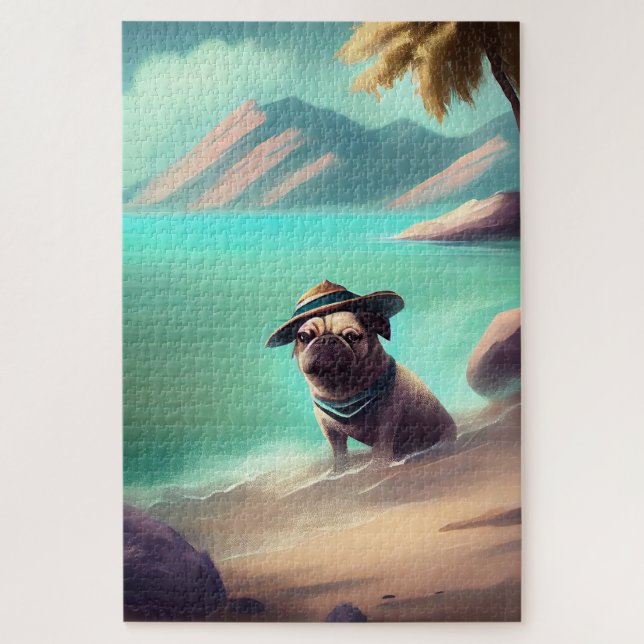 Pug enjoying on beach painting art jigsaw puzzle (Vertical)