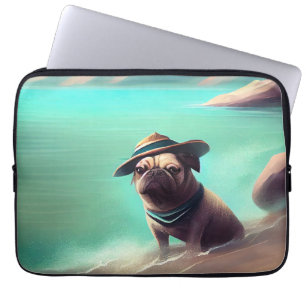Pug enjoying on beach painting art laptop sleeve