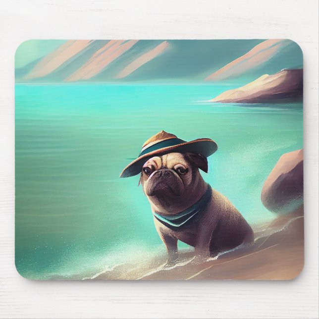 Pug enjoying on beach painting art mouse pad (Front)