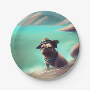 Pug enjoying on beach painting art paper plates