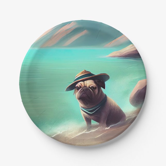 Pug enjoying on beach painting art paper plates (Front)