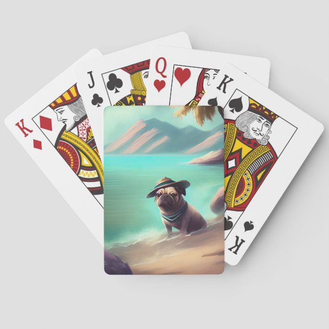 Pug enjoying on beach painting art poker cards (Back)