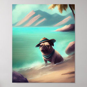 Pug enjoying on beach painting art  poster