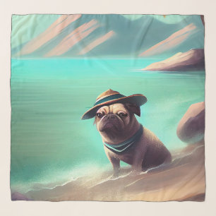 Pug enjoying on beach painting art scarf