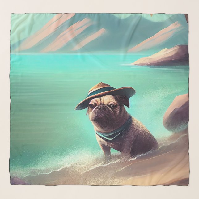 Pug enjoying on beach painting art scarf (Front)