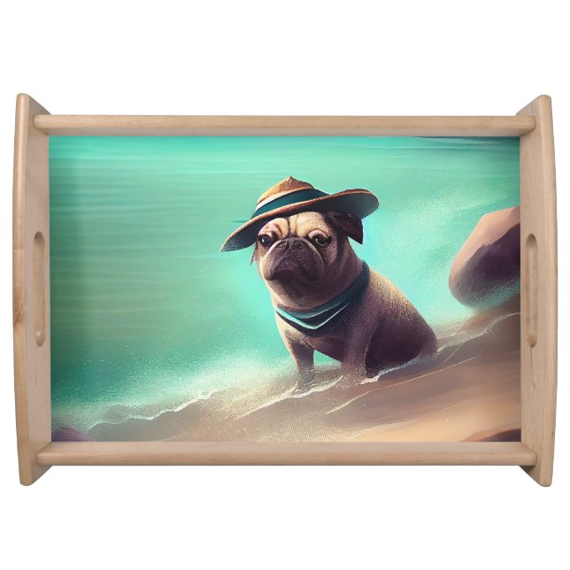 Pug enjoying on beach painting art serving tray (Front)