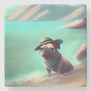 Pug enjoying on beach painting art stone coaster