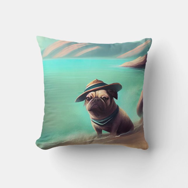 Pug enjoying on beach painting art throw pillow (Front)