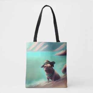 Pug enjoying on beach painting art tote bag