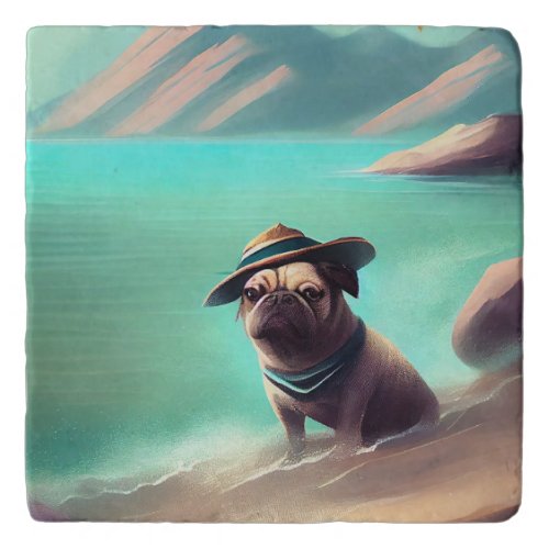 Pug enjoying on beach painting art trivet