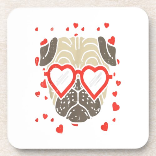 Pug Face Heart Glasses Valentines Day Dog Lover Beverage Coaster