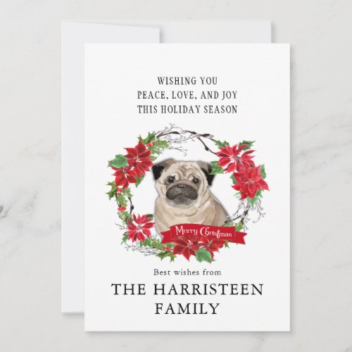 Pug fawn Watercolor Poinsettia Christmas Holiday Card