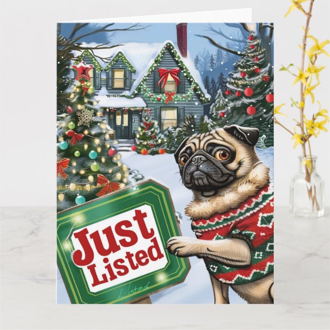 Pug Festive Humor Realtor Christmas Card (Yellow Flower)