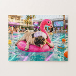 Pug Floating on Pink Flamingo Float Jigsaw Puzzle
