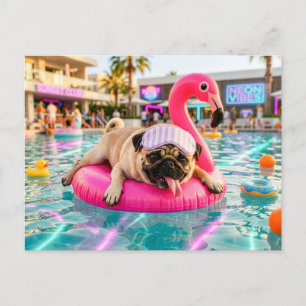 Pug Floating on Pink Flamingo Float Postcard
