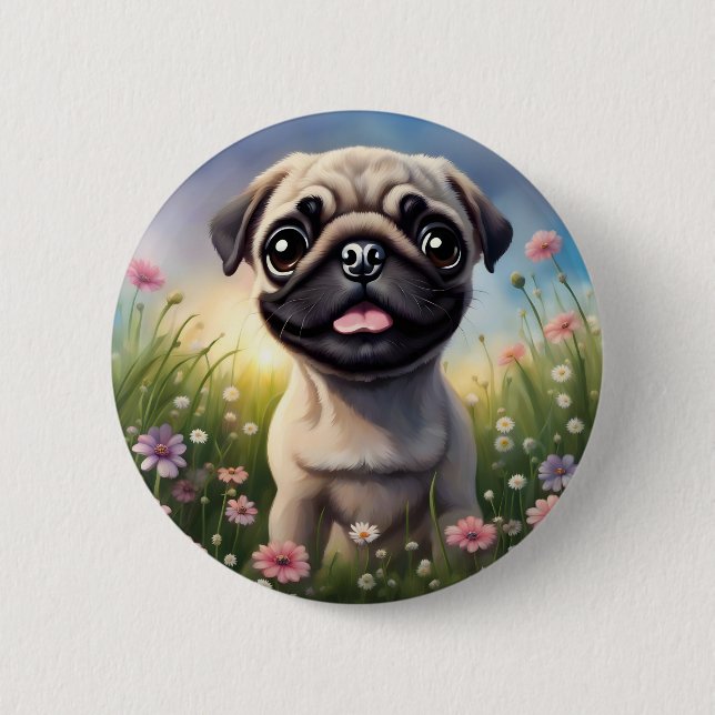 Pug Flowers Button (Front)