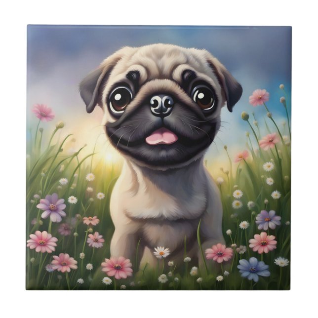 Pug Flowers Ceramic Tile (Front)
