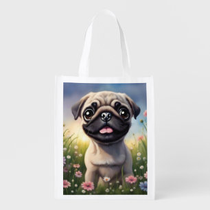Pug Flowers Grocery Bag