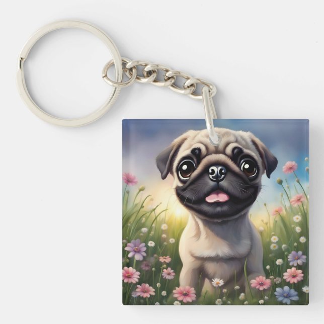 Pug Flowers Keychain (Front)