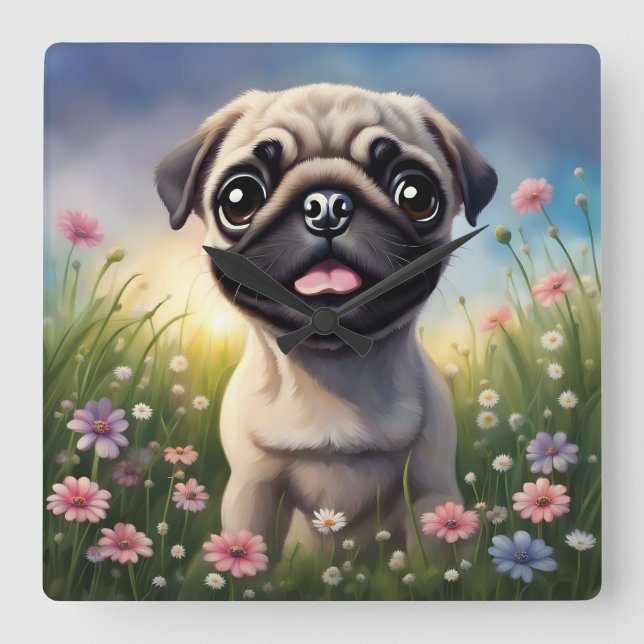 Pug Flowers Square Wall Clock (Front)