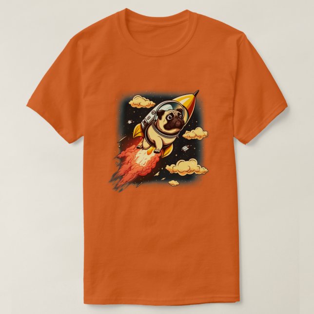 pug flying into space with a rocket T-Shirt (Design Front)