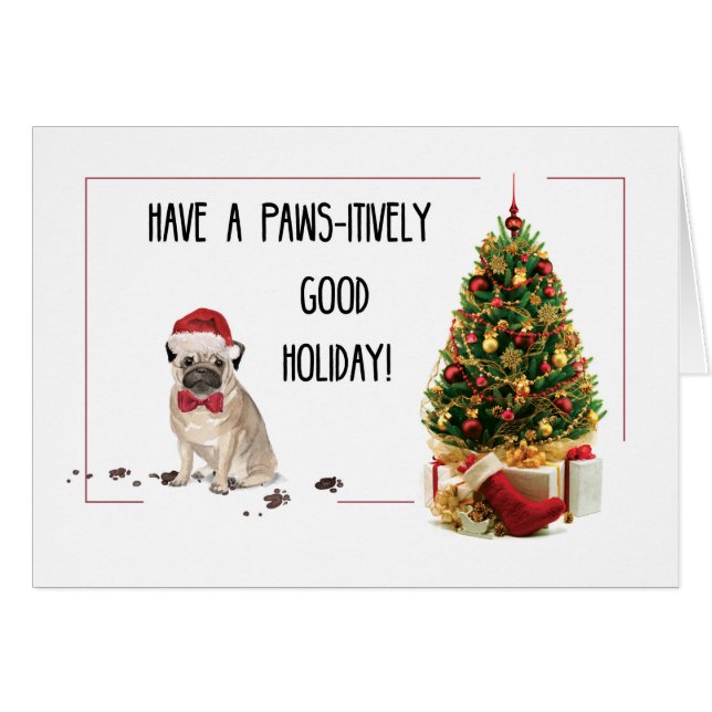 Pug Funny Christmas Dog with Tree Cards (Front Horizontal)