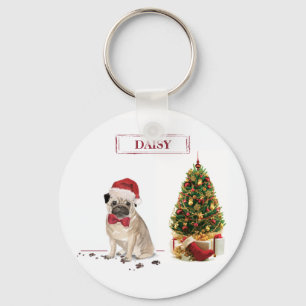 Pug Funny Christmas Dog with Tree Keychain