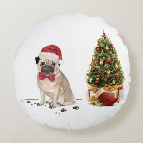 Pug Funny Christmas Dog with Tree Round Pillow