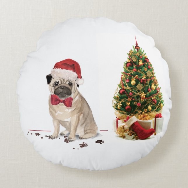 Pug Funny Christmas Dog with Tree Round Pillow (Front)