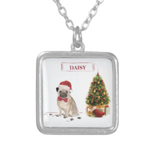Pug Funny Christmas Dog with Tree Silver Plated Necklace