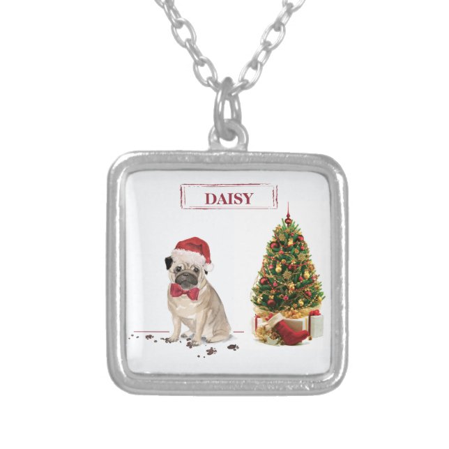 Pug Funny Christmas Dog with Tree Silver Plated Necklace (Front)
