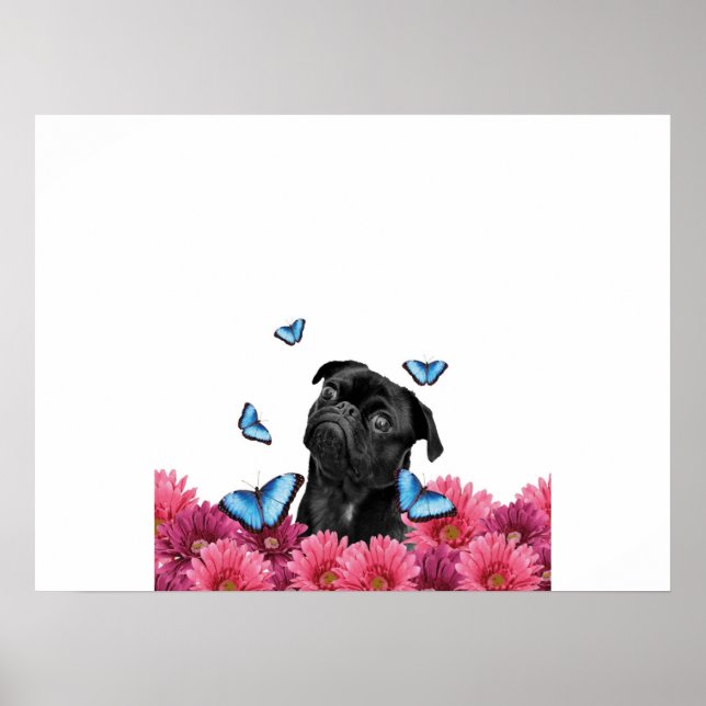 Pug Gerbera Butterflies | Cute Black Dog Poster (Front)
