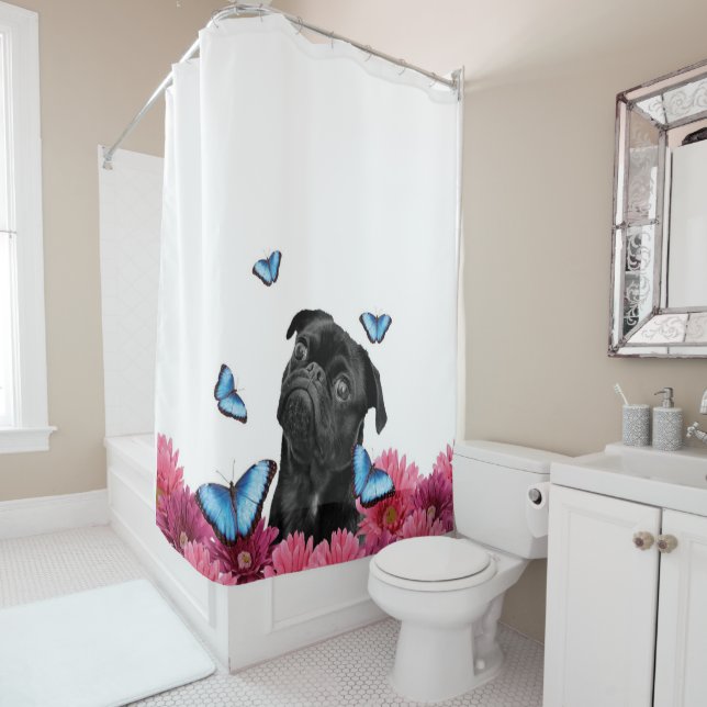 Pug Gerbera Butterflies | Cute Black Dog Shower Curtain (In Situ)