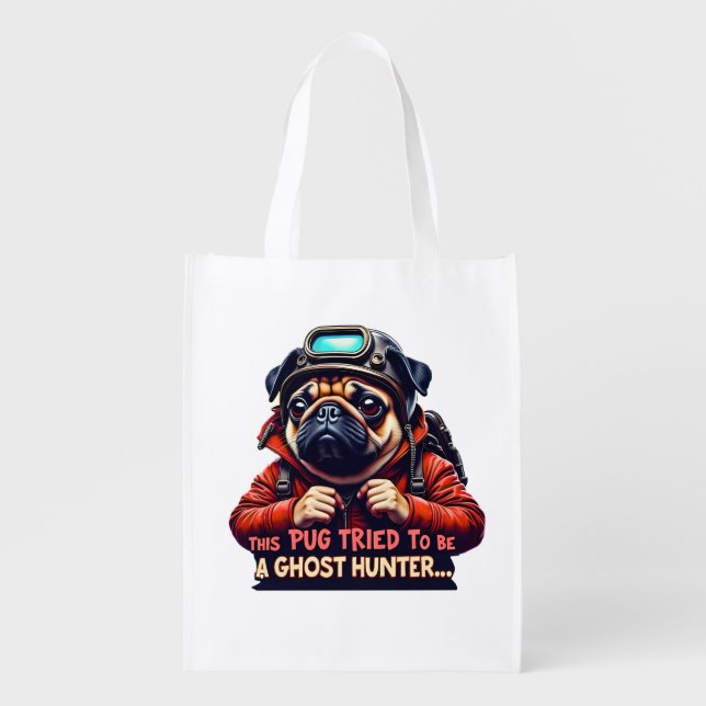 Pug Ghost Hunter Halloween Grocery Tote Bag – Cute (Front)