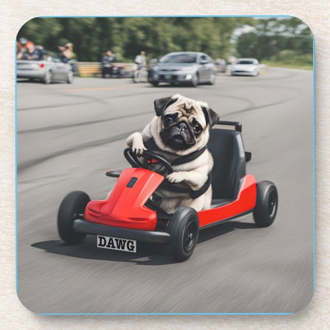 Pug go-kart racing beverage coaster (Front)