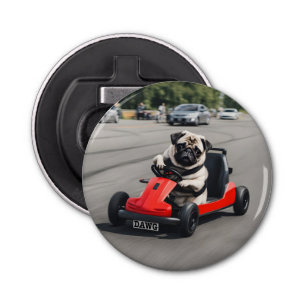 Pug go-kart racing bottle opener