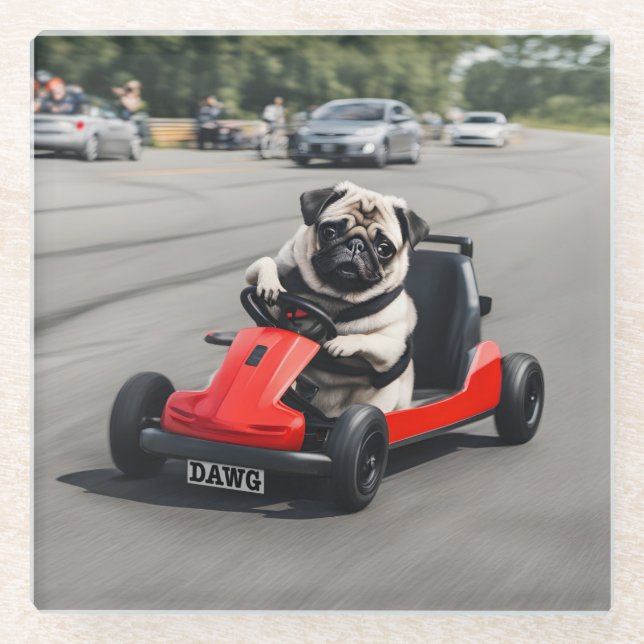 Pug go-kart racing glass coaster (Front)